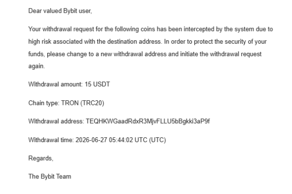 Bybit перехватил вывод на адрес Aifory: «high-risk destination address», заявка отклонена