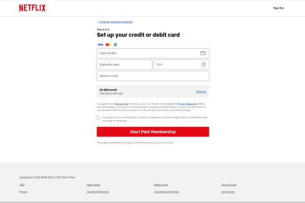 Netflix: оплата €7.17 (+€0.25 за операцию)