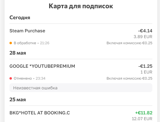 Карта «Для подписок» •8533: Steam −€4.14 (комиссия €0.25); в истории — Booking-возврат +€11.82