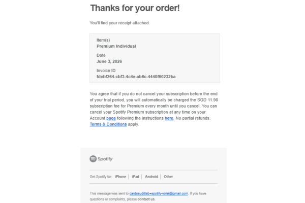 Spotify: подписка Individual (11.98 SGD) с карты ZeroID