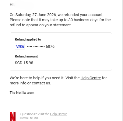 Netflix: оплата прошла (позже Netflix отменил подписку, возврат на карту не пришёл)
